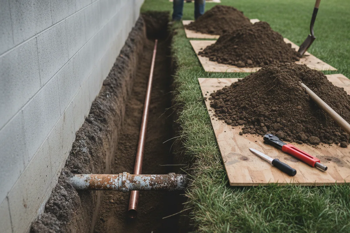 Excavated water line trench during Water Heater Repair in Hawley